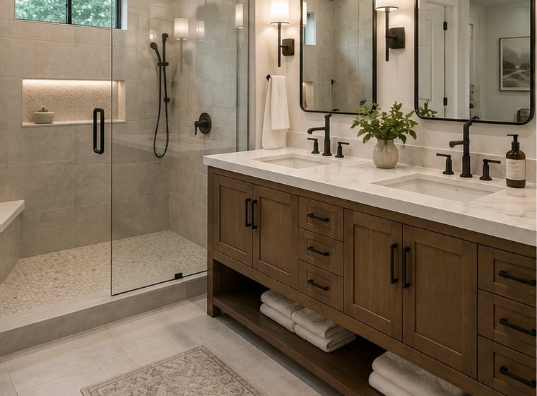 Master bathroom remodel with double vanity and walk-in shower